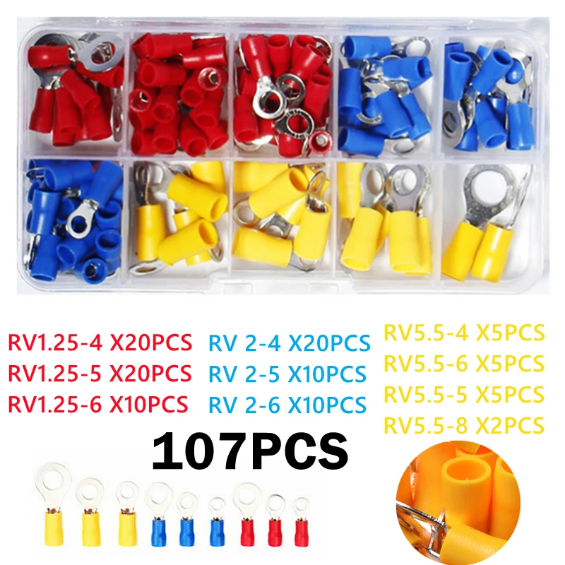 

107 шт. M4/M5/M6/M8 изолированные красные, синие и желтые кольцевые клеммы проводной кабель электрические обжимные соединители 22-10 AWG комплект