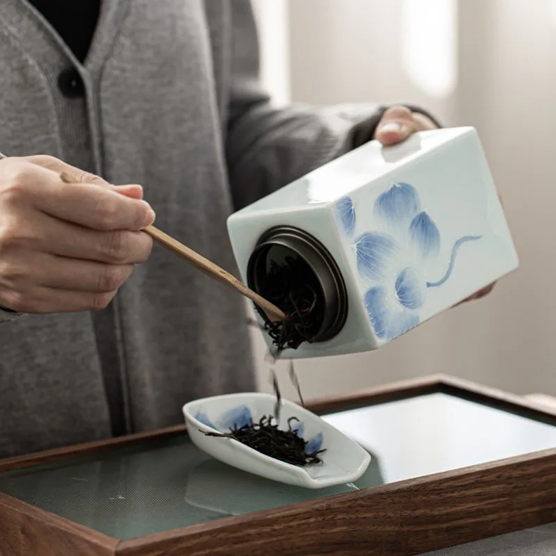 Ceramic Tea Pot Sealed Pot Shadow Green Hand-painted Engrave Lotus Household Storage Pot Kung Fu Teaset Moisture-proof Large Pot