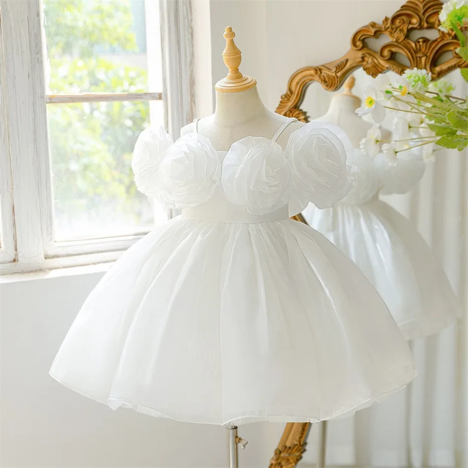 White Spaghetti Strap Giant 3D Rose Puffy Tulle Princess Dress Kids Girls Wedding Birthday Holiday Formal Pageant Costume ASQ03