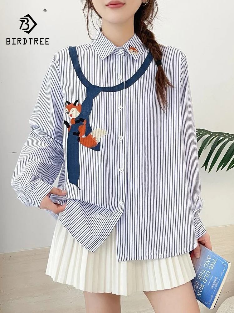 

New 2025 Autumn Cotton Long Sleeve Shirt, Women Turn-down Collar Cut Fox Print, Mori Girl Age Reduction Loose Blouse T58620CC