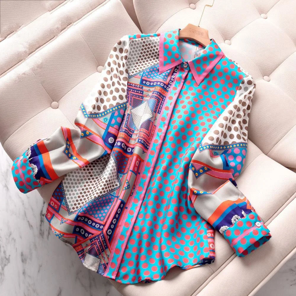 Silk-like Office Lady Loose Blouse Summer Women\'s Clothing Turn-down Collar Polka Dot Geometric Printing Single Breasted Shirt