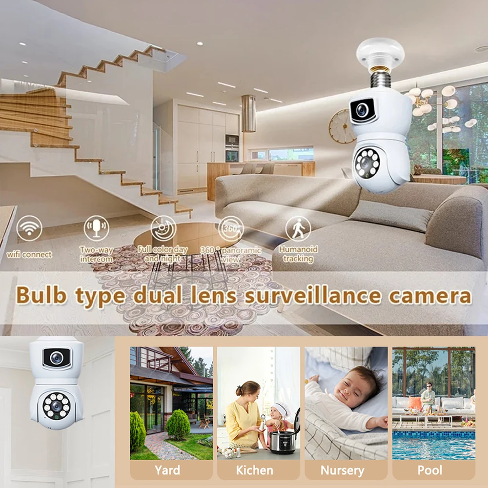 4K 8MP E27 WiFi-camera met dubbele lens, kleuren nachtzicht, automatische IP-camera tracking, tweerichtingsaudio, binnen- en buitengebruik,