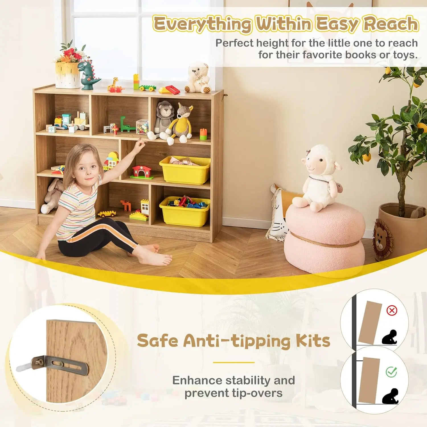 خزانة كتب للأطفال مكونة من 3 أرفف، لعبة خشبية ومنظم كتب، رف مونتيسوري قائم بذاته مكون من 8 أقسام لمرحلة ما قبل المدرسة، وغرفة اللعب المنزلية، والطفل #5