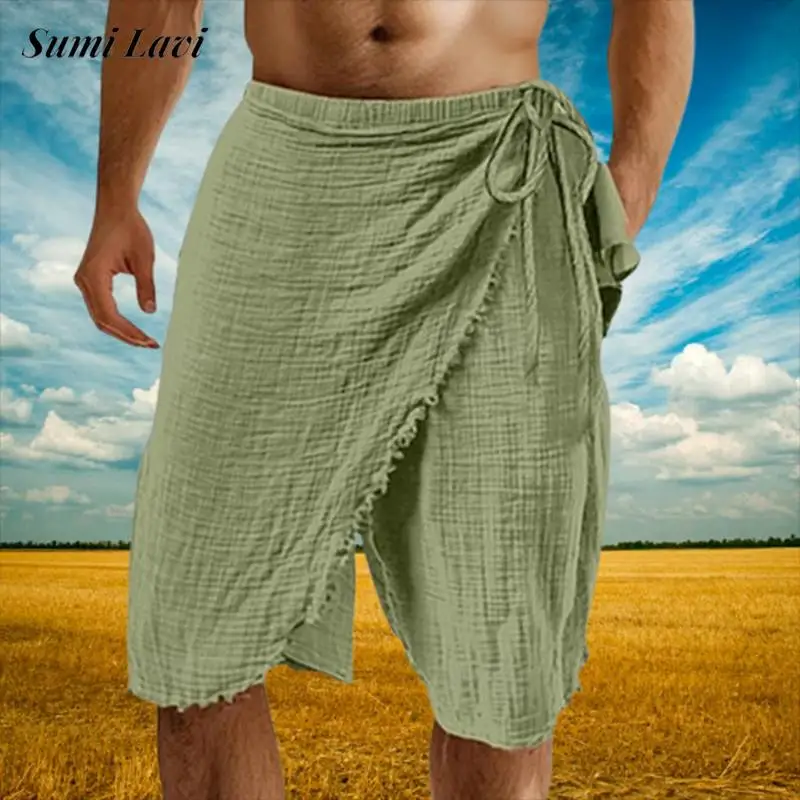 

Винтажные свободные дышащие льняные шорты, мужские повседневные шорты на шнурке нестандартного дизайна, приморские пляжные мужские стильные однотонные шорты