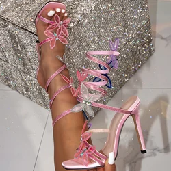 Aneikeh 2026 Elegant pink Ankle Snake Open Toed Rhinestone Sparkling Diamond Bow Tie Heel High Heel Sexy Sandals Stripper Shoes