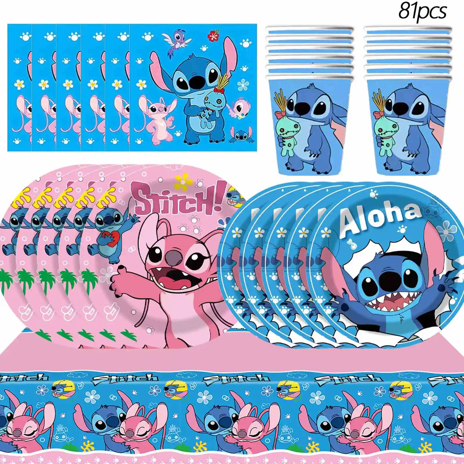 81 pièces d'accessoires pour fête d'anniversaire Stitch, comprenant des assiettes en papier, des gobelets en papier, des serviettes, une nappe pour la décoration de la fête Stitch
