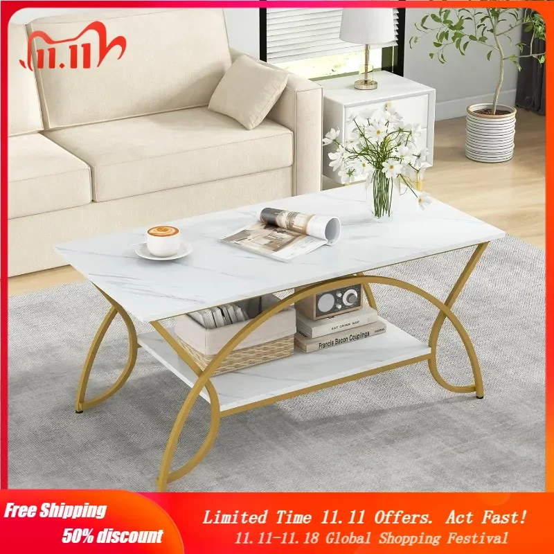 

2-Tier Modern Faux Marble Accent Table with Storage and Gold Finished Metal Frame, Chic Rectangular End Table