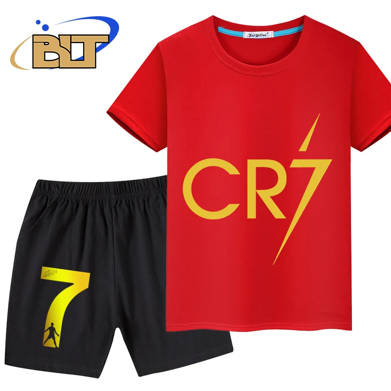 Ropa con estampado de Ronaldo para niños, traje de pantalones cortos de manga corta, Camiseta deportiva, conjunto de 2 piezas adecuado para niños, Verano