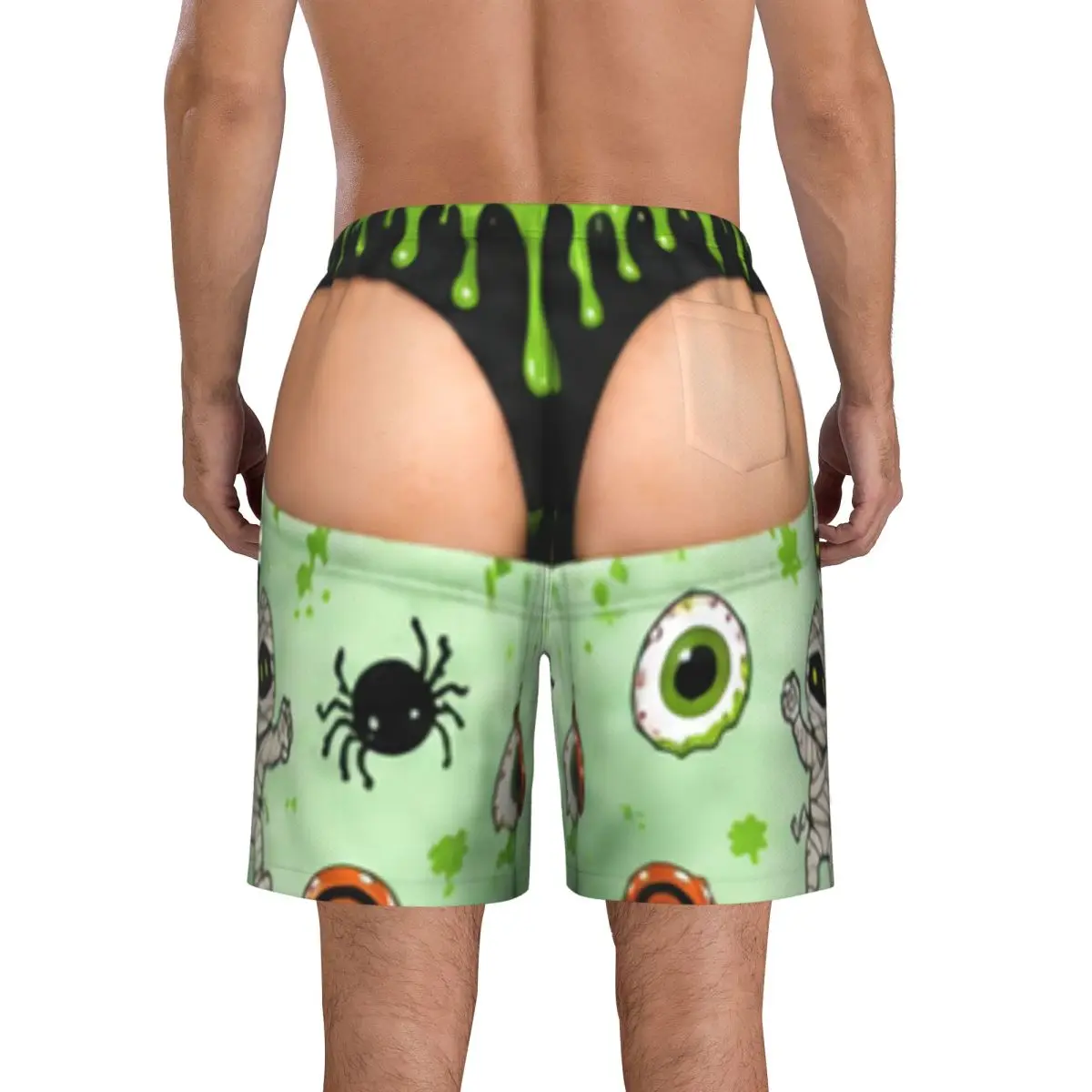 Funny Sexy Halloween Spider Web Spooky Gothic Raven Men's Swim Trunks Bathing Suit Board Shorts Mesh Lining Beach Swimwear