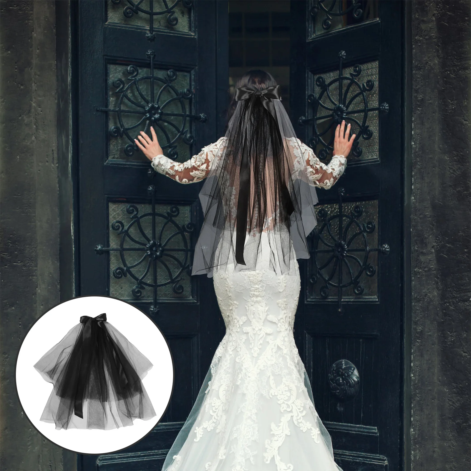 Black Veil for Women Halloween Wedding Veil Bowknot Decor Ghost Wedding Cosplay Costume Party Lightweight Gauze Hair Accessory