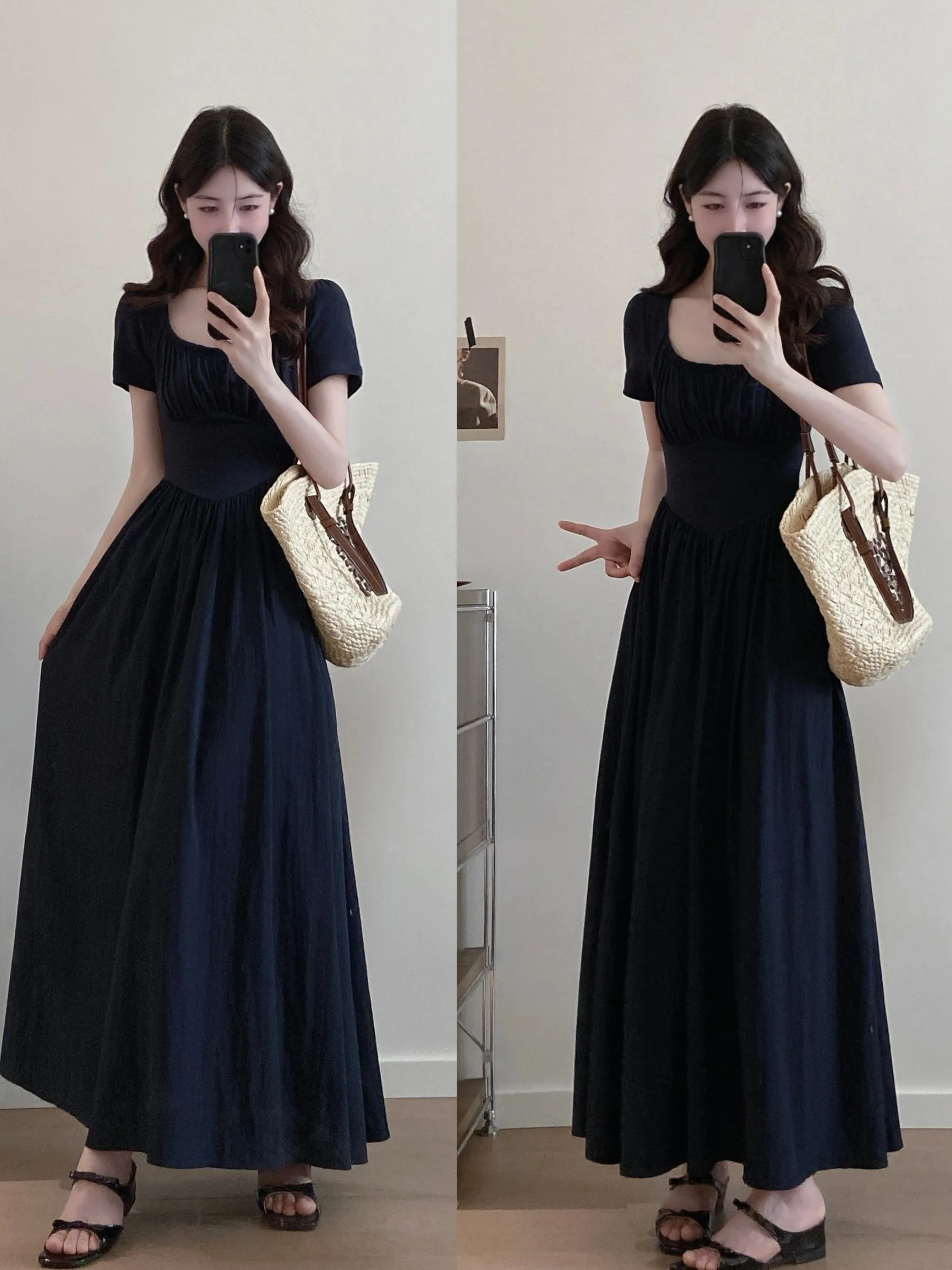 

Summer Long Sleeveless Women's Dress Square Collar Gathered Waist Design plus Size Fashionable Versatile Big Size Clothing