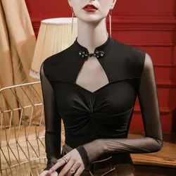 #4361 Black Vintage Skinny T Shirt Split Joint Mesh Long Sleeve Wrap Tshirt Women Hollow Out Stand Collar Buttons Chinese Style