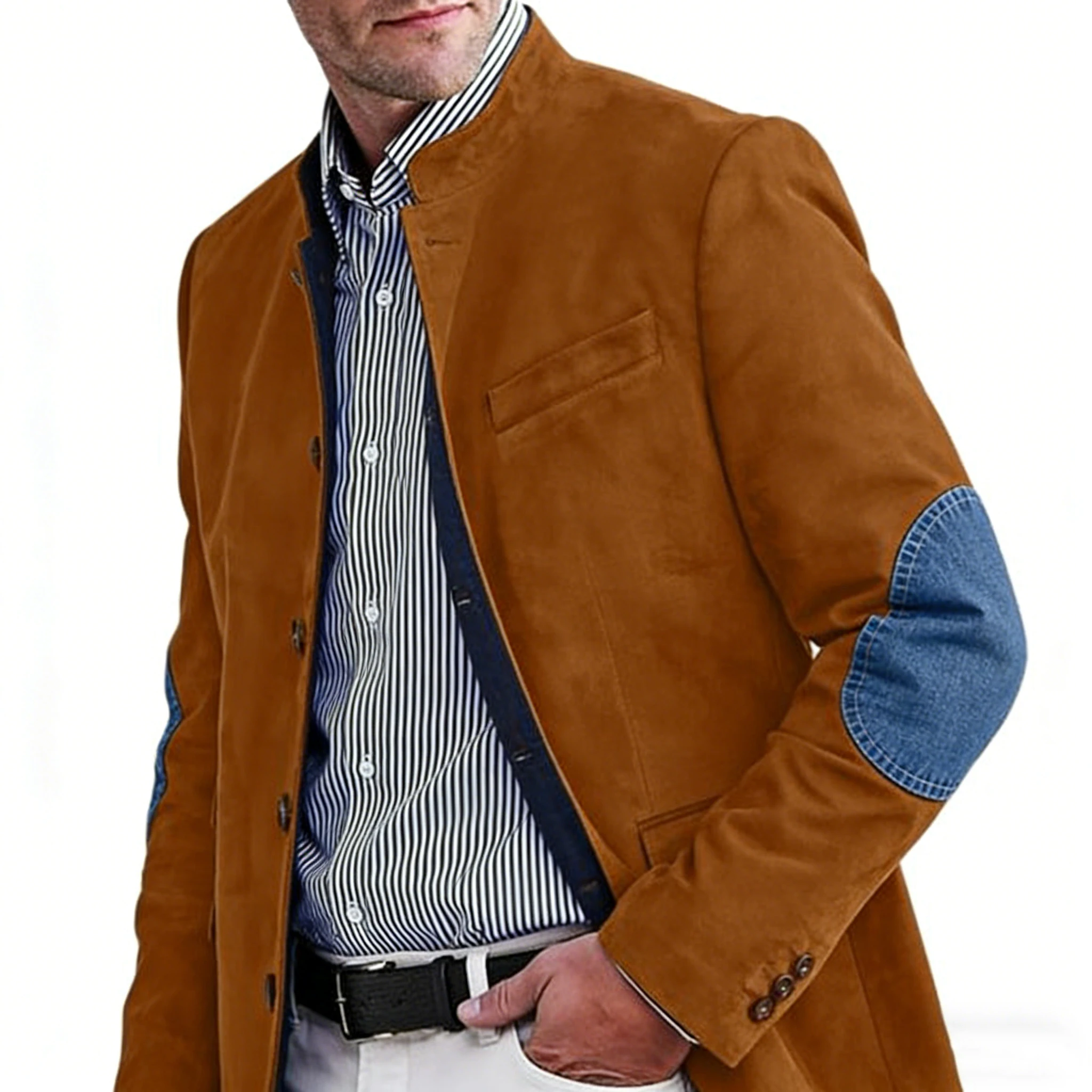 

Men's Vintage Suede Blazer with Denim Elbow Patches Slim Fit Stand Collar Jacket Formal Business Tuxedo Daily Wear for Spring