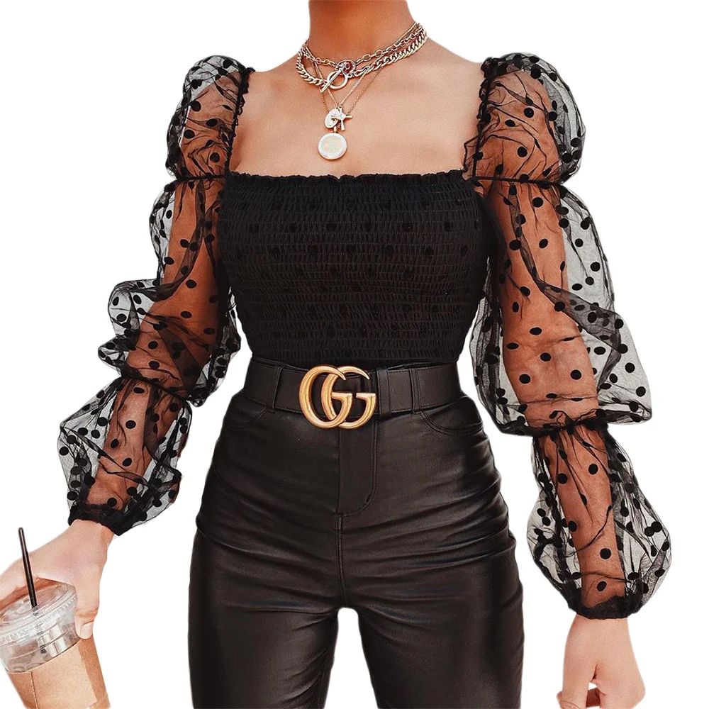 Women Sexy See-Through Polka Dots Mesh Mock Neck Puff Sleeve Loose Blouses Tops