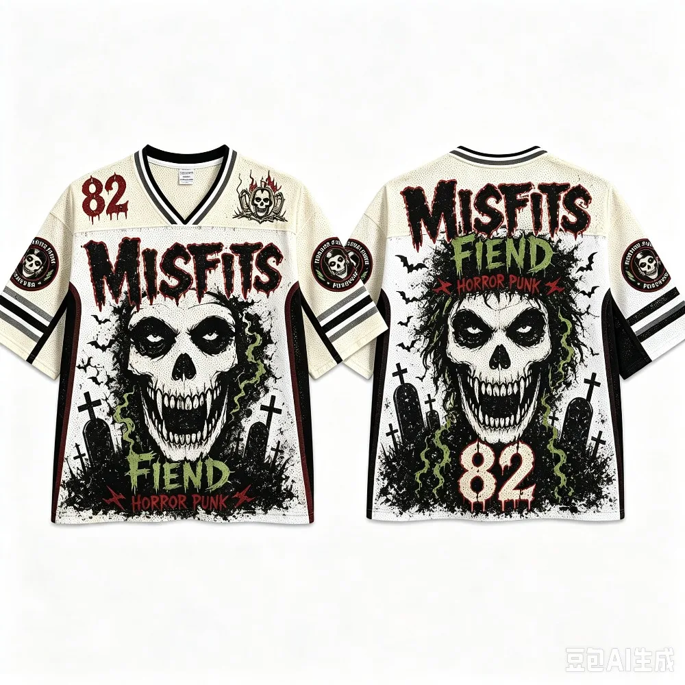 Retro Horror Skull Misfits 3D-Druck Herren Damen V-Ausschnitt Sport Baseball T-Shirt Rock Hip-Hop Street Modischer Trend Familien-Outfit – Detail 3