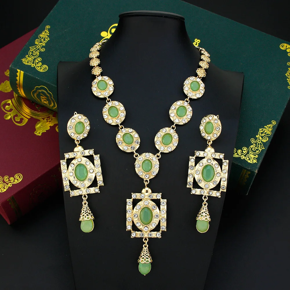 Sun spicems Gold Farbe Marokko Braut Schmuck Sets für Frauen quadratischen Anhänger Charm Choker Halskette Big Drop Ohrring Kaftan Schmuck