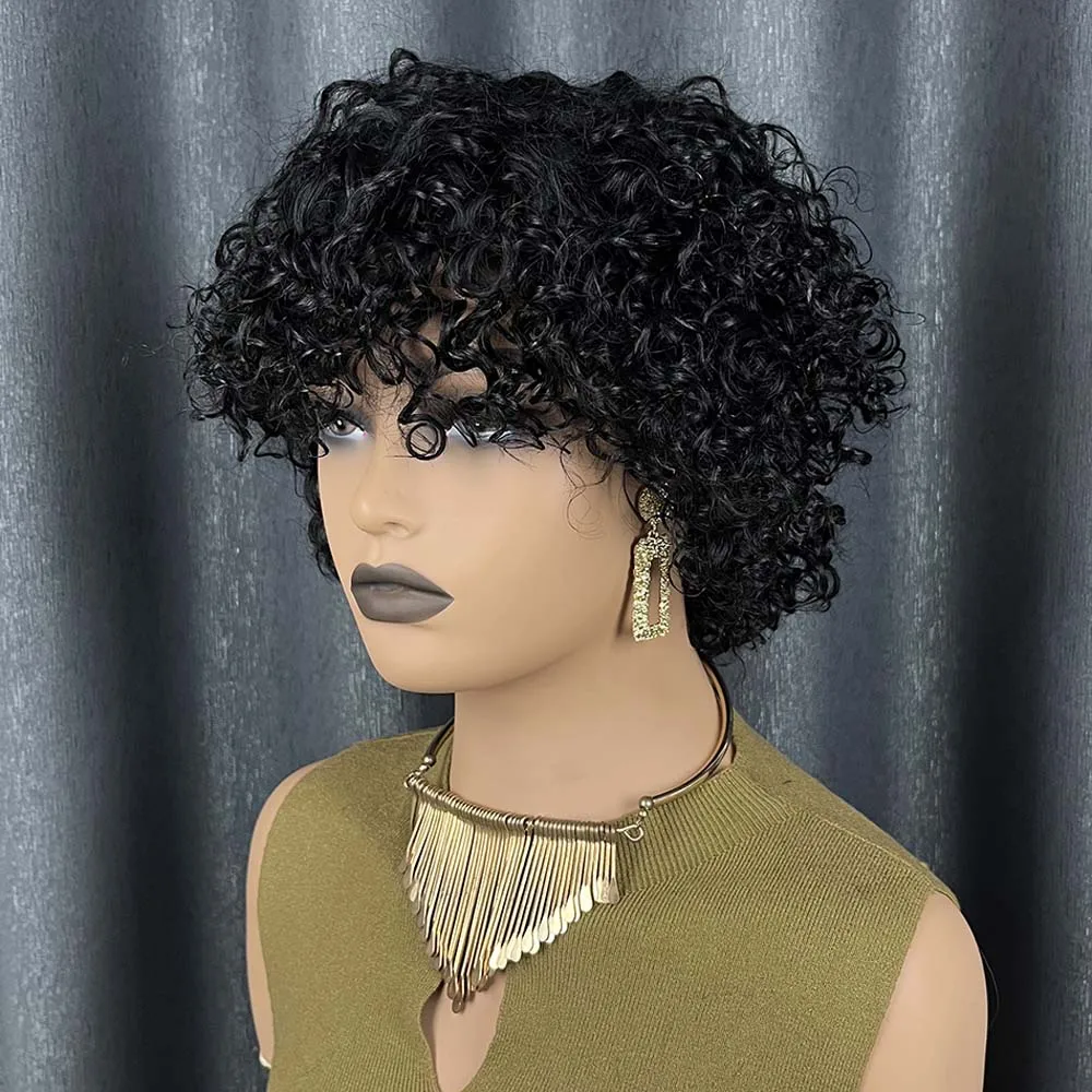 앞머리가 있는 짧은 인모 가발, 흑인 여성용 워터 웨이브 밥 가발, 레미 인모 기계 제작 곱슬머리 가발, 데일리용
