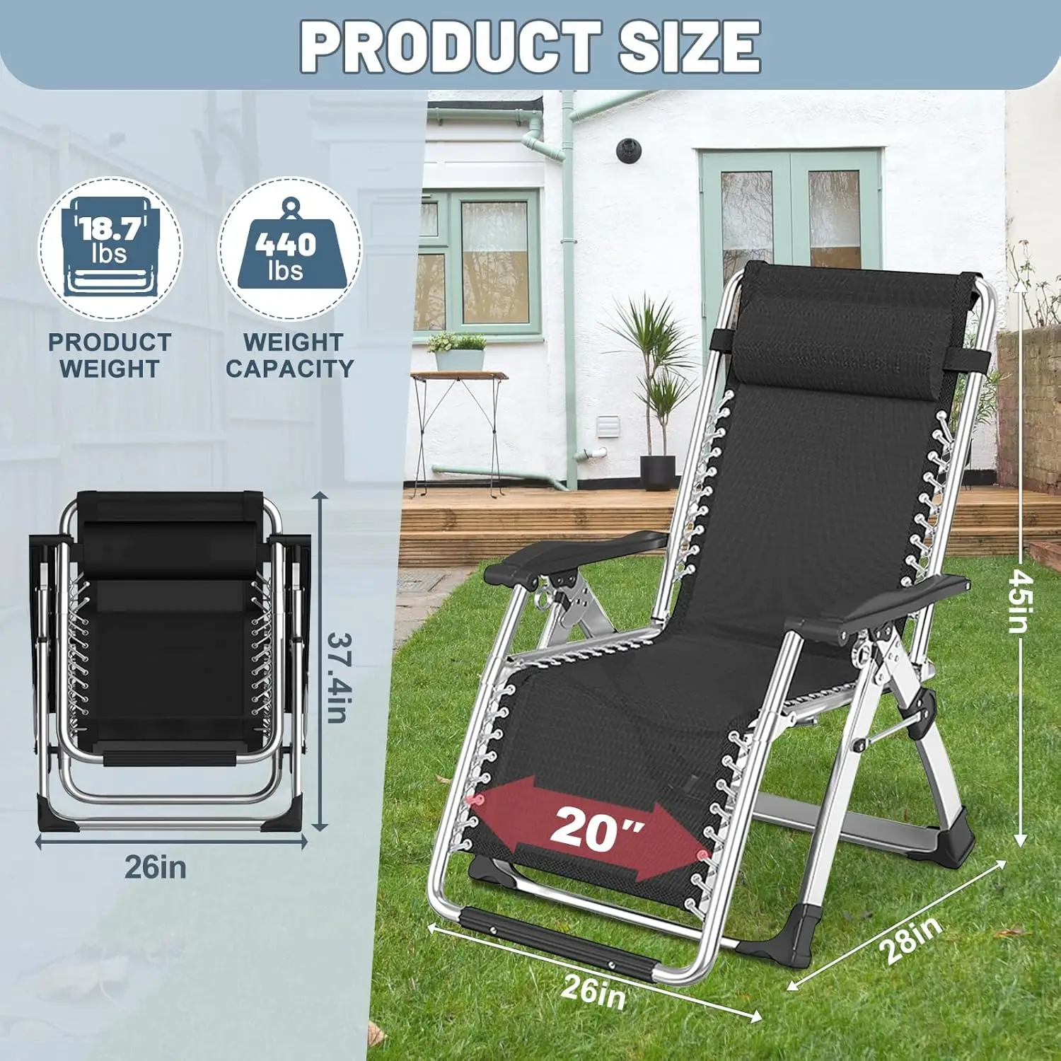 Comfy Folding Chair, Folding Reclining Lounge Chair with Removable Cushion  , Flexible Patio Recliner Folding Chairs