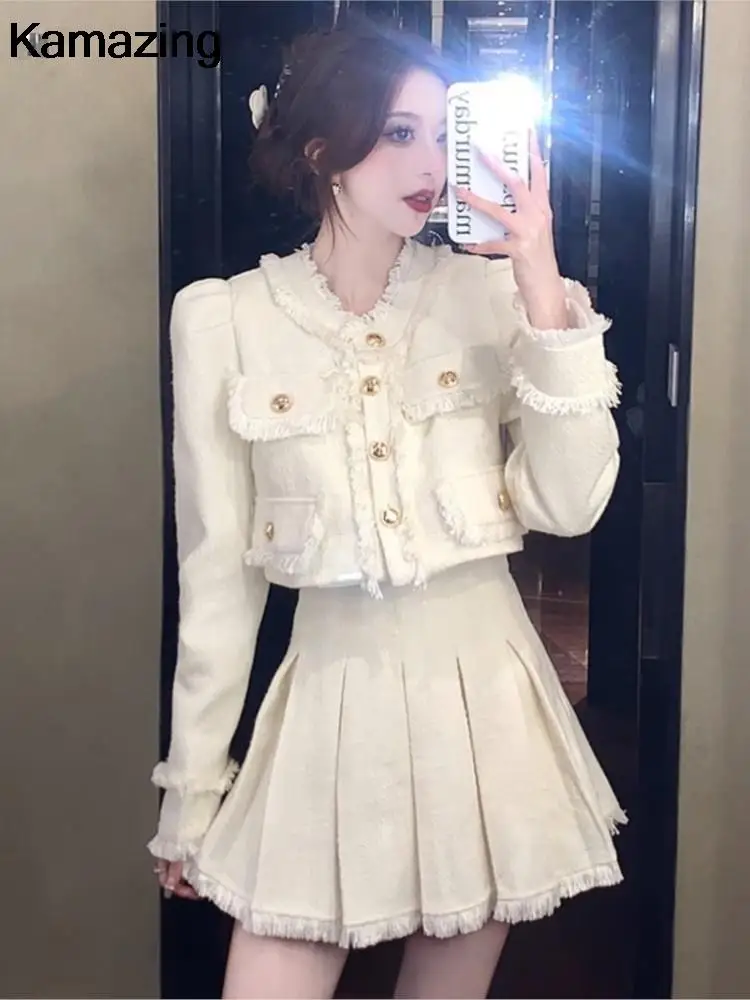 Elegant Tweed Suit 2-piece Skirt Set Autumn Winter New French Style Cropped Jacket Coat Mini Skirt Korean Fashion Female Outfits