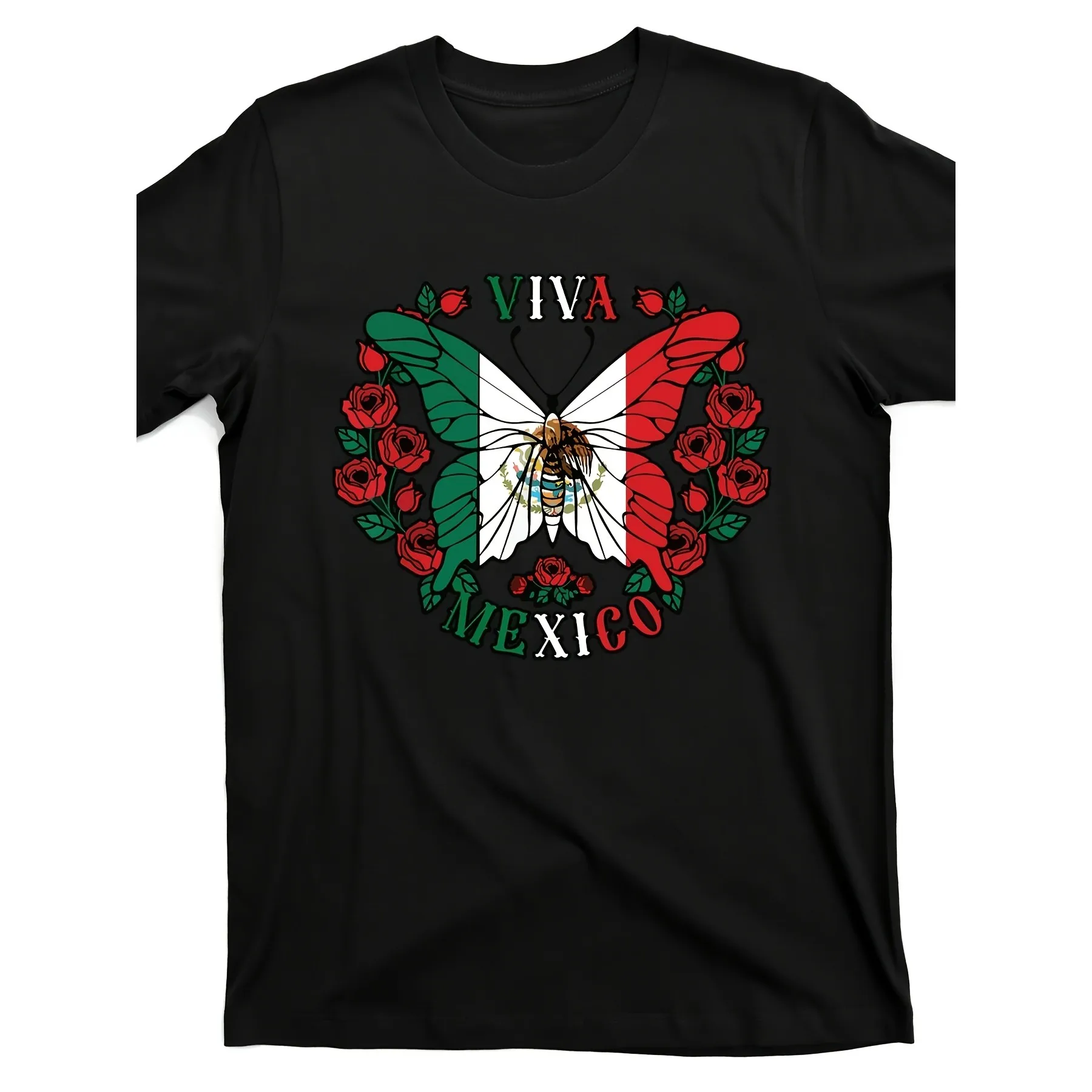 

Viva Mexico Butterfly Mexican Flag Graphic Tee Breathable Cotton Casual Short Sleeve T-Shirt for Adults