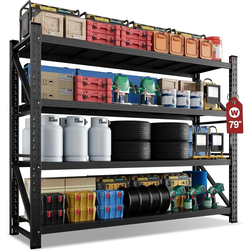 

4-Tier Heavy-Duty Adjustable Metal Storage Rack, 79 Wide x 24 Deep x 79 High, for Garage, Workshop, or Basement