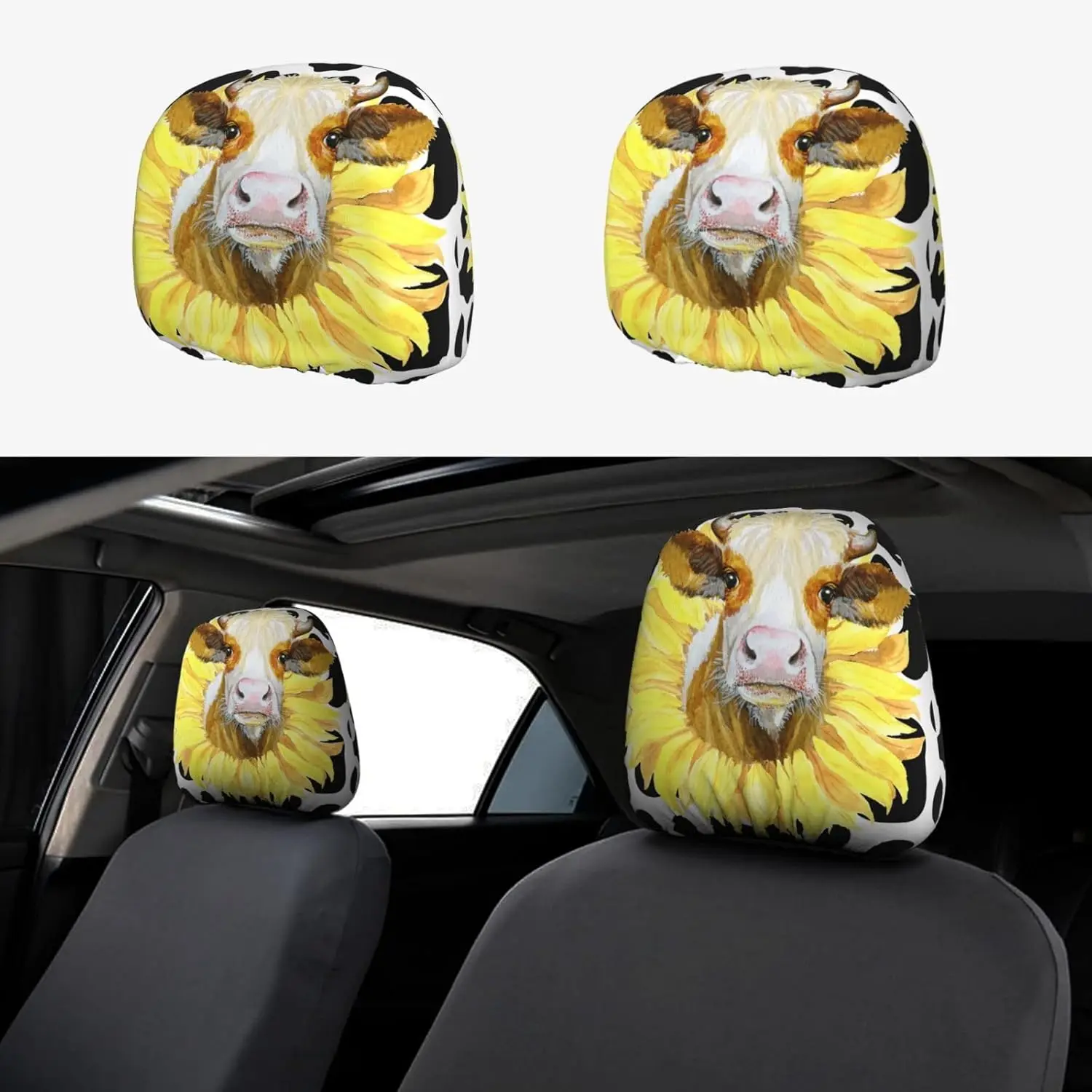 Sunflower Animal Cute Cow Print Car Headrest Covers Personalized Universal Car Seat Head Rest Protector Elastic