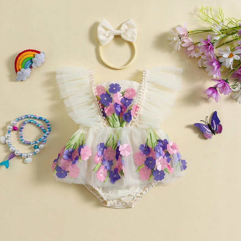 

Suefunskry Baby Girl 2Pcs Summer Outfits Ruffle Sleeveless 3D Flower Tulle Skirt Romper with Headband Set