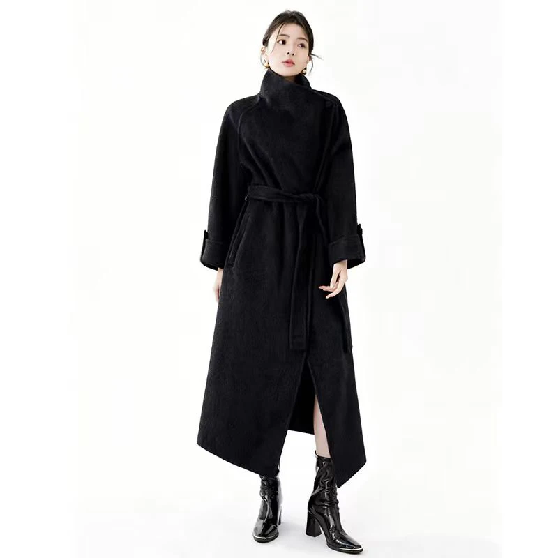 Casaco feminino de caxemira dupla face azul de comprimento médio de alta qualidade |   Estilo casual, agasalhos clássicos de lã com lapela larga