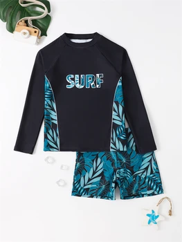 Geometry Print Boys Swimsuit Set 4 Boy Swimsuit 2026 New Geometry Print Long Sleeve Children Swimwear Summer Two Piece Kids Beach Wear Swimming Bathing Suit Men's 4