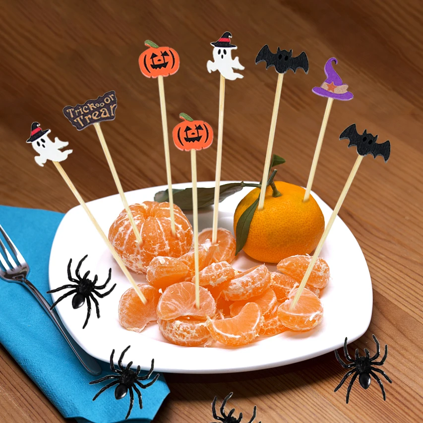 50Pcs Halloween Bamboo Food Fruit Picks Happy Halloween Party Disposable Dessert Cocktail Sticks Buffet Cupcake Toothpick Skewer