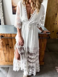 White Dress Women Bohemian Sexy Lace Beach Dress High Waist Blackless Casual Holiday Sundress Summer Elegant Long Dresses 2022
