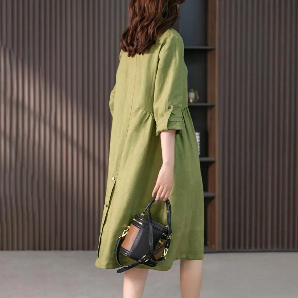 Women Dress Women Solid Color Dress Elegant Lapel Shirt Dress for Women 3/4 Sleeve Midi with High Waist Solid Color Loose Fit