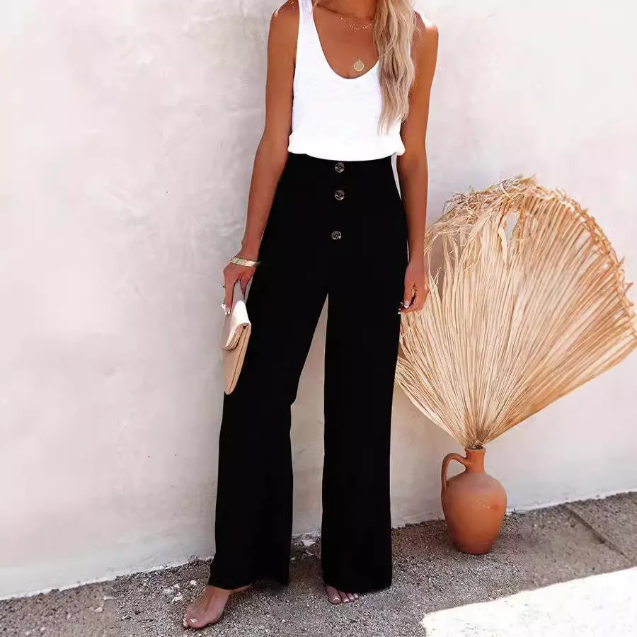 2025 Leisure Pants Women'S Solid Color Pants High Waisted Loose Fitting Wide Leg Pants Button Cut Elastic Casual Pants For Women