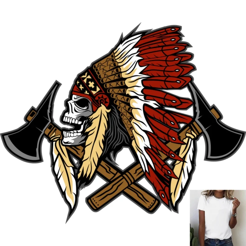 Indian Skull & Axes Heat Transfer White Ink Iron - on Patch, Trendy & Stylish, Suitable for T - shirts/Canvas Bags/Clothes,