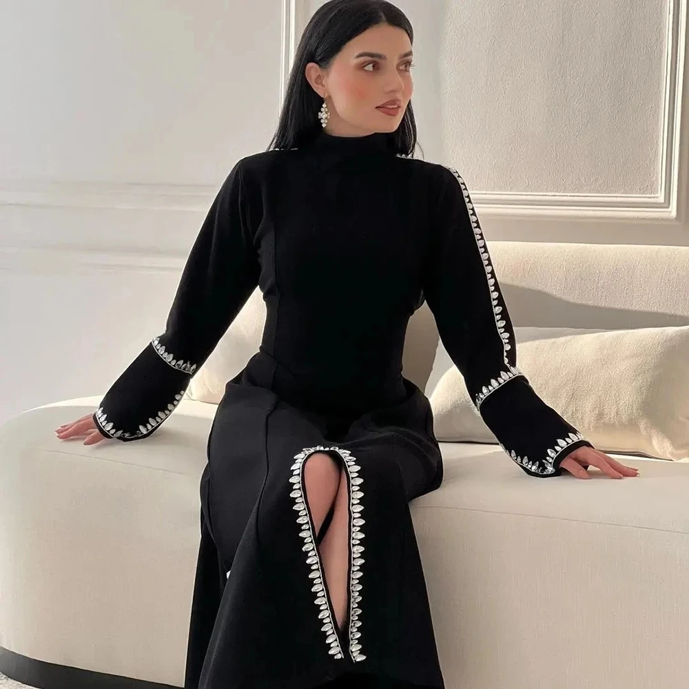 

Customized Elegant High Neck Party Evening Dress Crystal Long Sleeve Front Slit Prom Dresses Wedding Formal Occasion Gowns