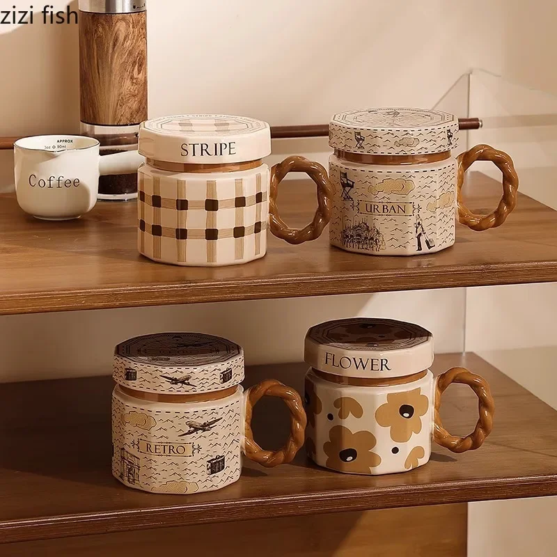 كوب سيراميك عتيق مع غطاء بني بنمط هندسي فنجان قهوة كوب لاتيه كوب للزوجين أكواب الإفطار أكواب شاي منزلية أكواب مياه