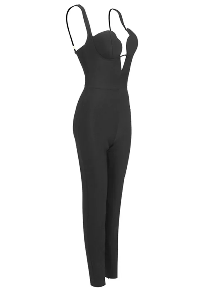 2025 Chic Celebrity Women Luxury Sexy V Neck Backless Black Bodycon Bandage Jumpsuit Celebrity Designer High Street Rompers