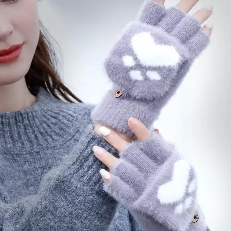Dicke warme Katzenhandschuhe für Damen, modische Katzenpfoten-Plüschhandschuhe für Mädchen, weiche Plüsch-Kurzhandschuhe, fingerlose Winterhandschuhe. – Detail 5