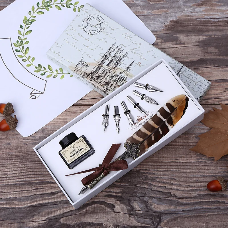 Retro Feather Dip Pen Writing Ink Set Exquisite Stationery with Stamp for Art Crafts DIY Student Gifts