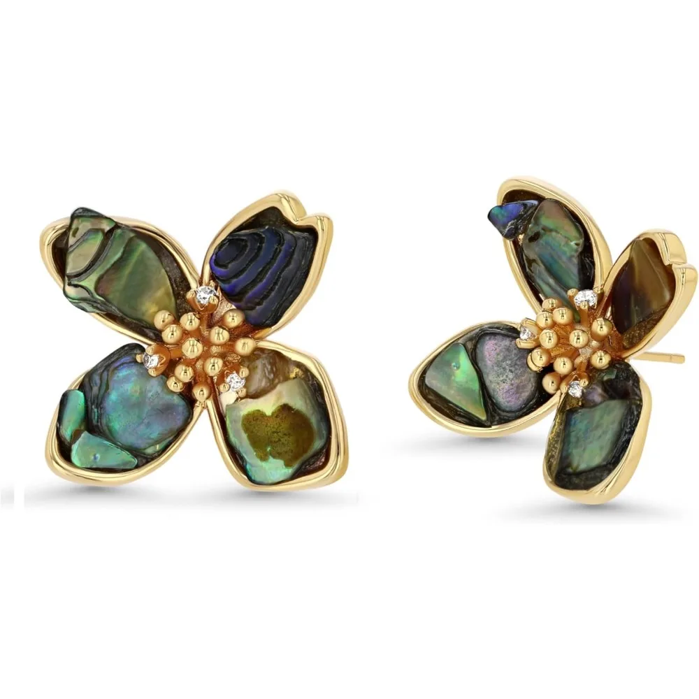 

Small Flower Mother of Pearl Stud Earrings White Dark Green 14k Gold Plated Cute Unique for Women