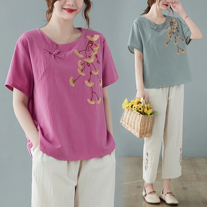 

Retro Cotton Linen Faion Set round Ne ort Sve T-irt Elastic Waist Nine Points Wide Leg Pants plus Size Women Two P...