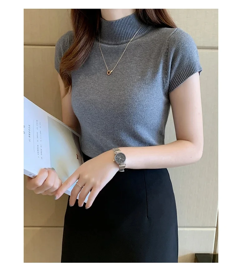 Damen-T-Shirt mit halbhohem Ausschnitt, modischer Pullover, lässige Oberteile, koreanischer Stil, elegante einfarbige Kleidung, Frühlings- und Sommersaison – Detail 5