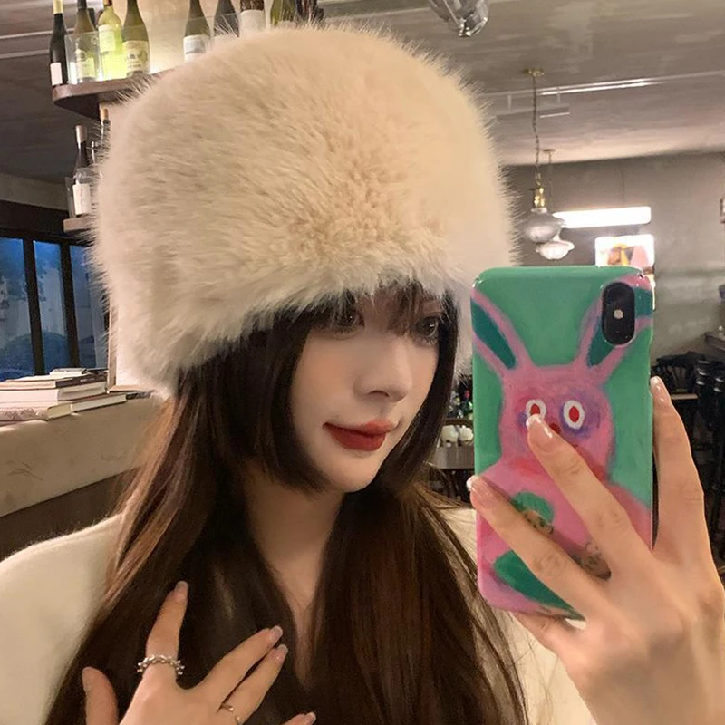 Winter Fluffy Hats for Women Thick Faux Fur Plush Beanies Fashion Ladies Keep Warm Fur Round Cap Hat Skullies Accessories