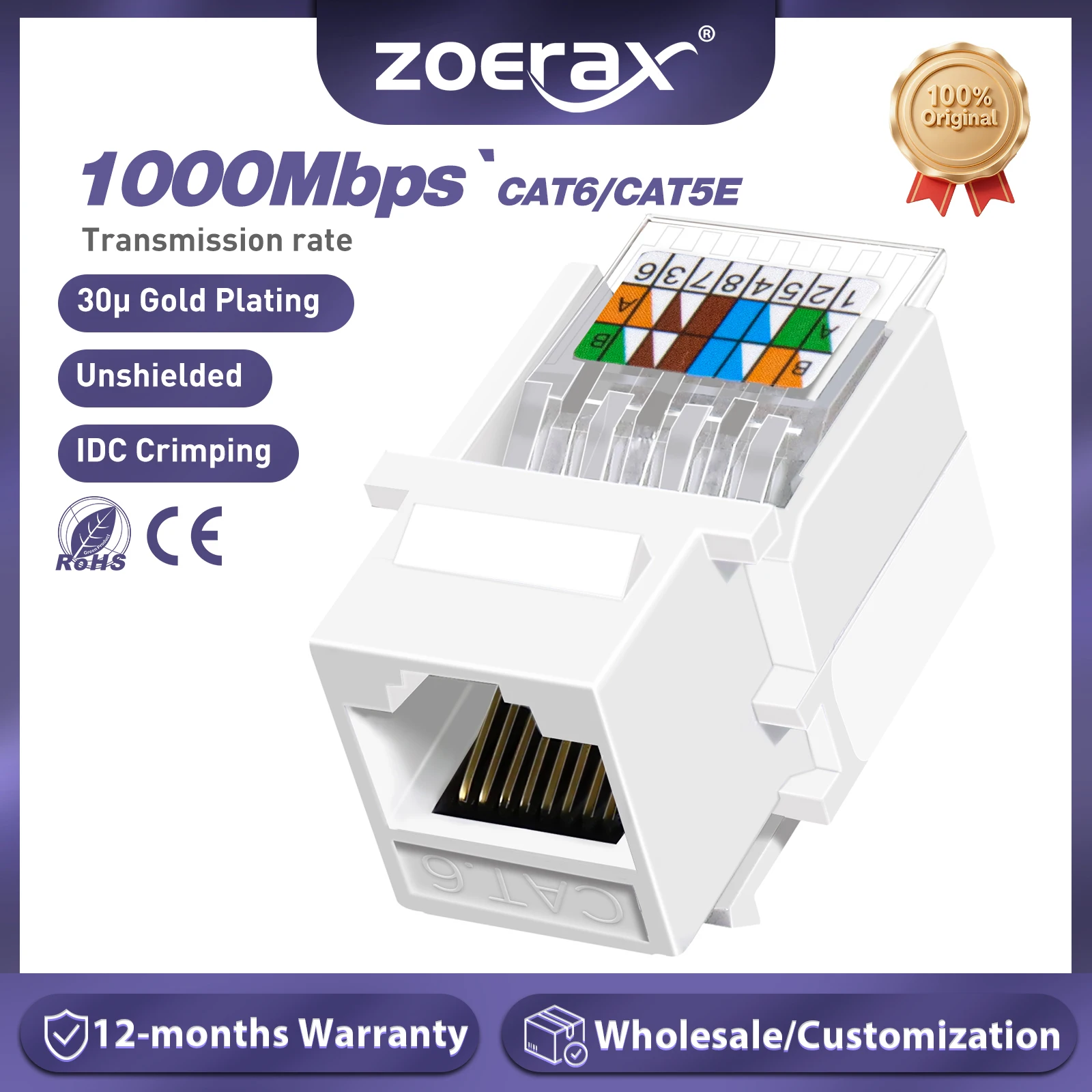 ZoeRax Cat6 RJ45 Модуль Keystone Ethernet без инструментов Женский разъем Сетевой перфоратор (не совместим с патч-панелью)