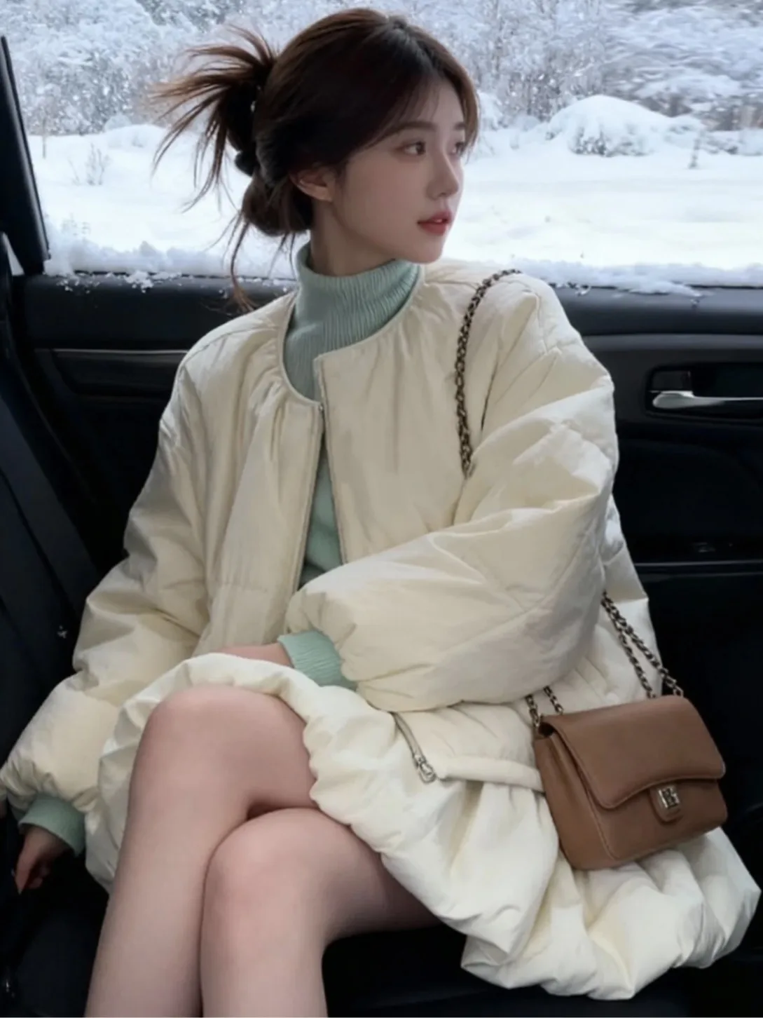 

Chic Autumn Winter Cotton Jaet Women's High Waist Flounce Skirt Set Simple Beige Outerwear Korean Sle Regular Fit