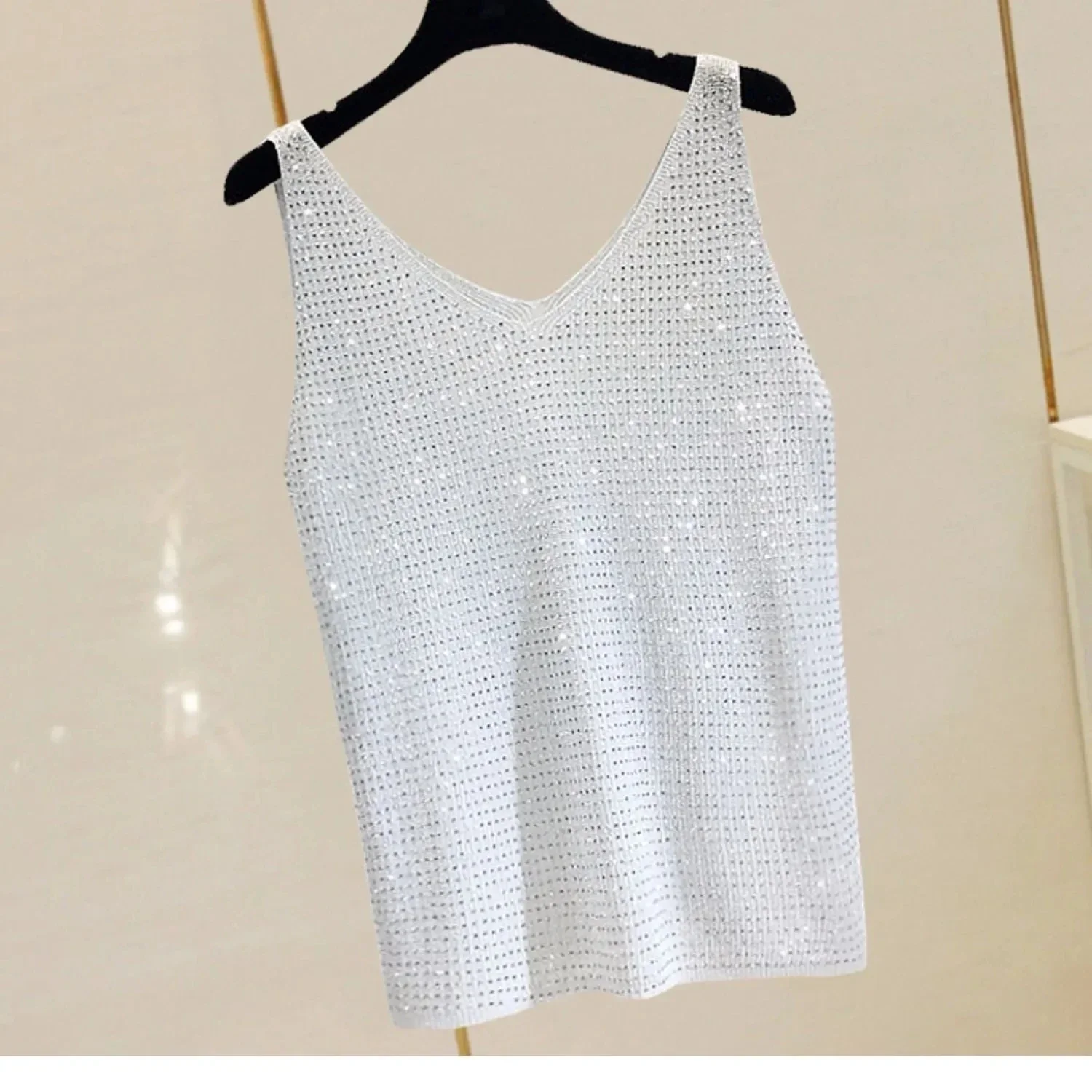 Camicia con fondo in maglia di strass senza maniche gilet di seta brillante per le donne camicetta lavorata a maglia di seta di ghiaccio con scollo