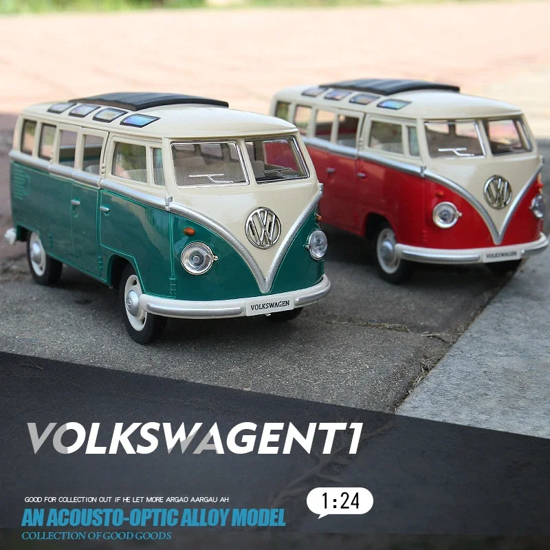 T1 Bus Alloy Model Volkswagen Pullback Sound Light Toy Car Simulation 1:24 Birthday Gift Children Boy Diecast Miniature Voiture