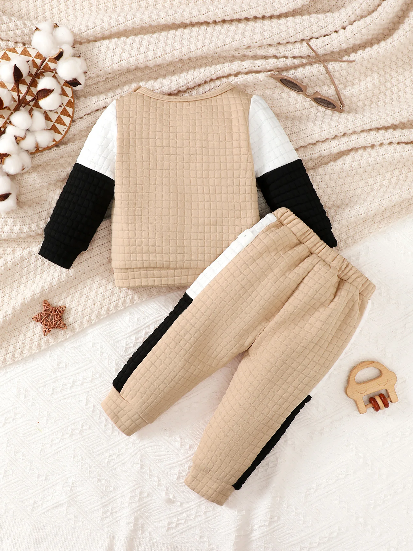 Autumn And Winter Male Baby Long-Sleeved Matching Color Round Neck Warm Shirt Elastic Waist Casual Pants Daily Wind Suit