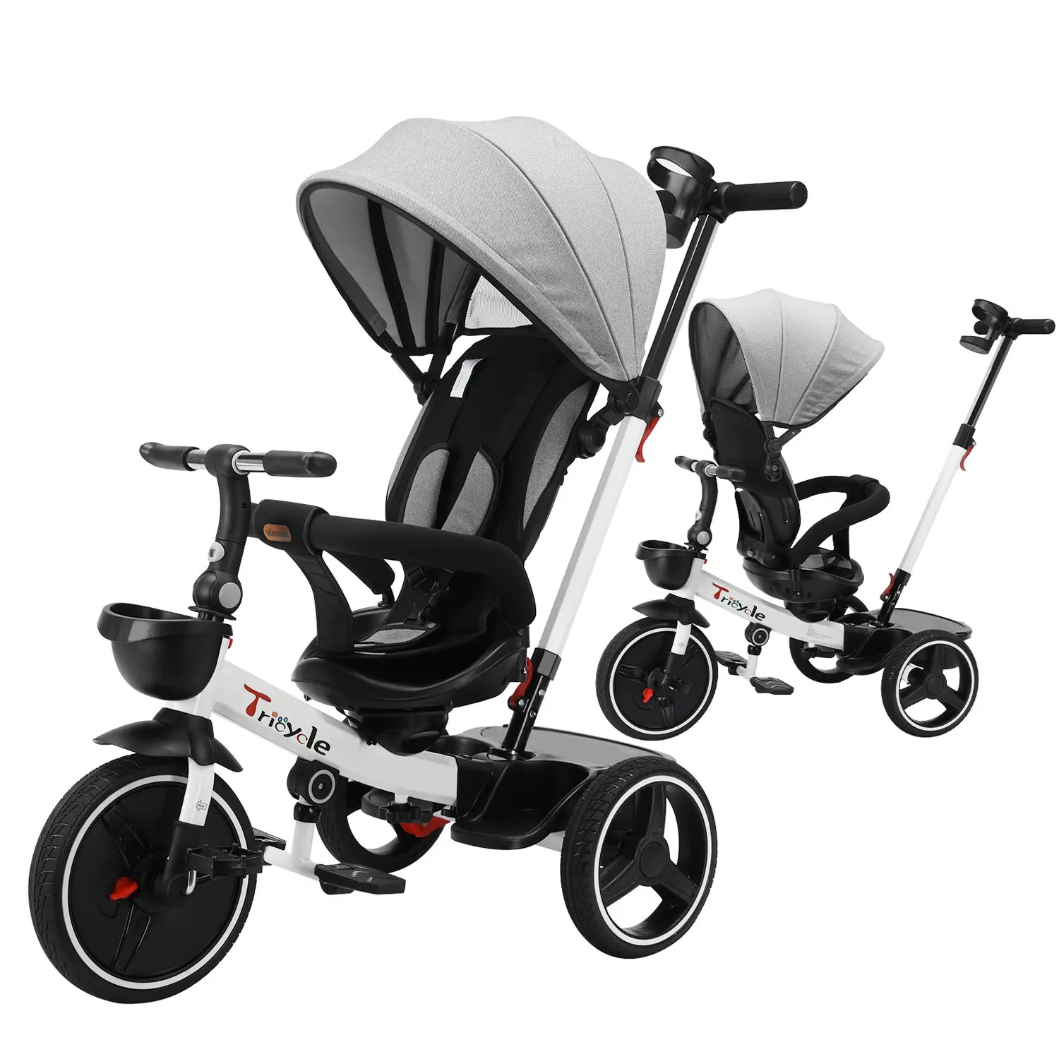 Baby driewieler, 6-in-1 baby-duwfiets stuurkinderwagen, afneembare vangrail, verstelbare luifel, veiligheidsharnas, opvouwbaar pedaal