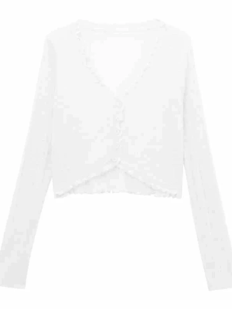 レーストリム 1 ボタン長袖クロップトップ半袖オープンフロントリブニットカーディガン女性 2025 セーター夏フェアリーコア